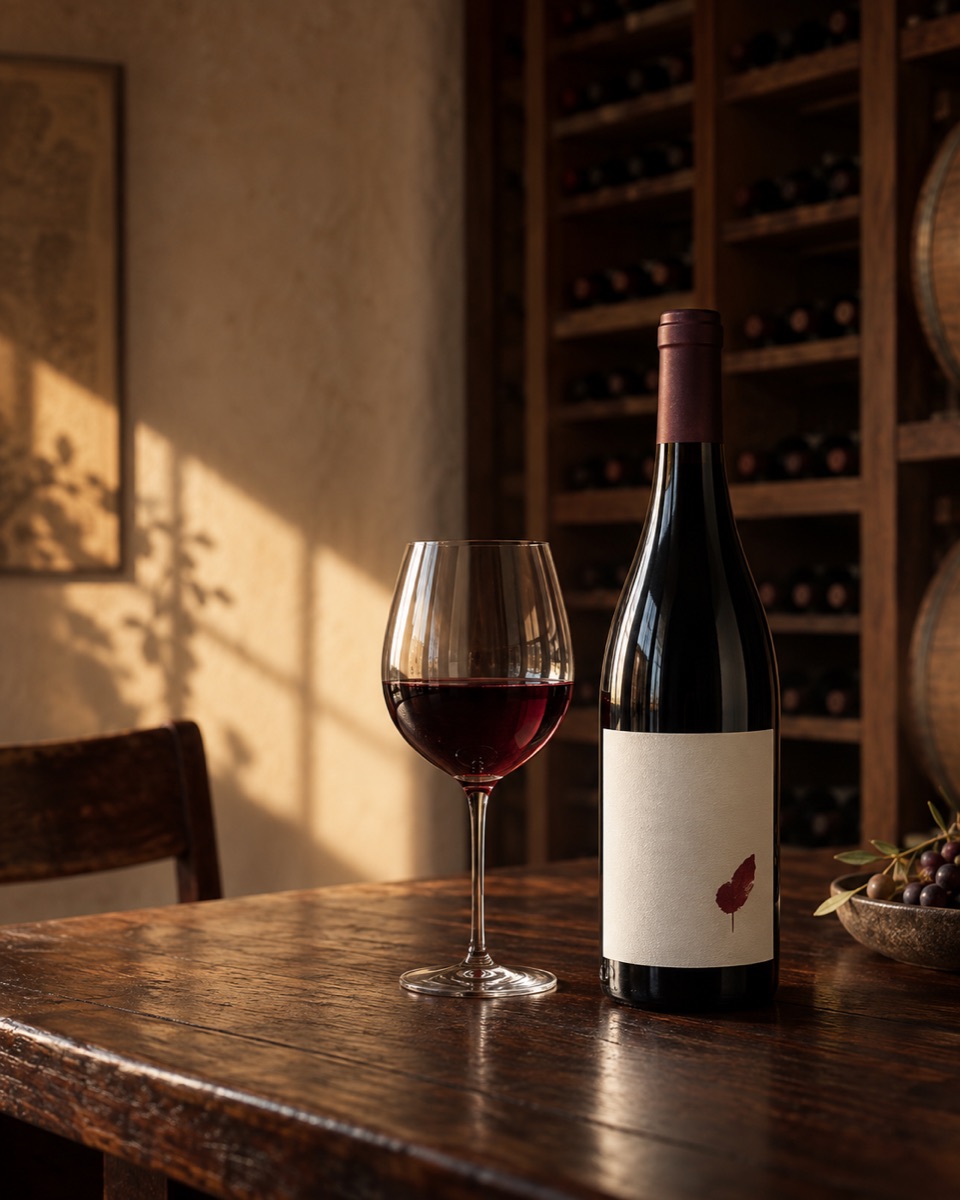 Uma garrafa de vinho e uma taça sobre uma mesa de madeira, junto à adega.